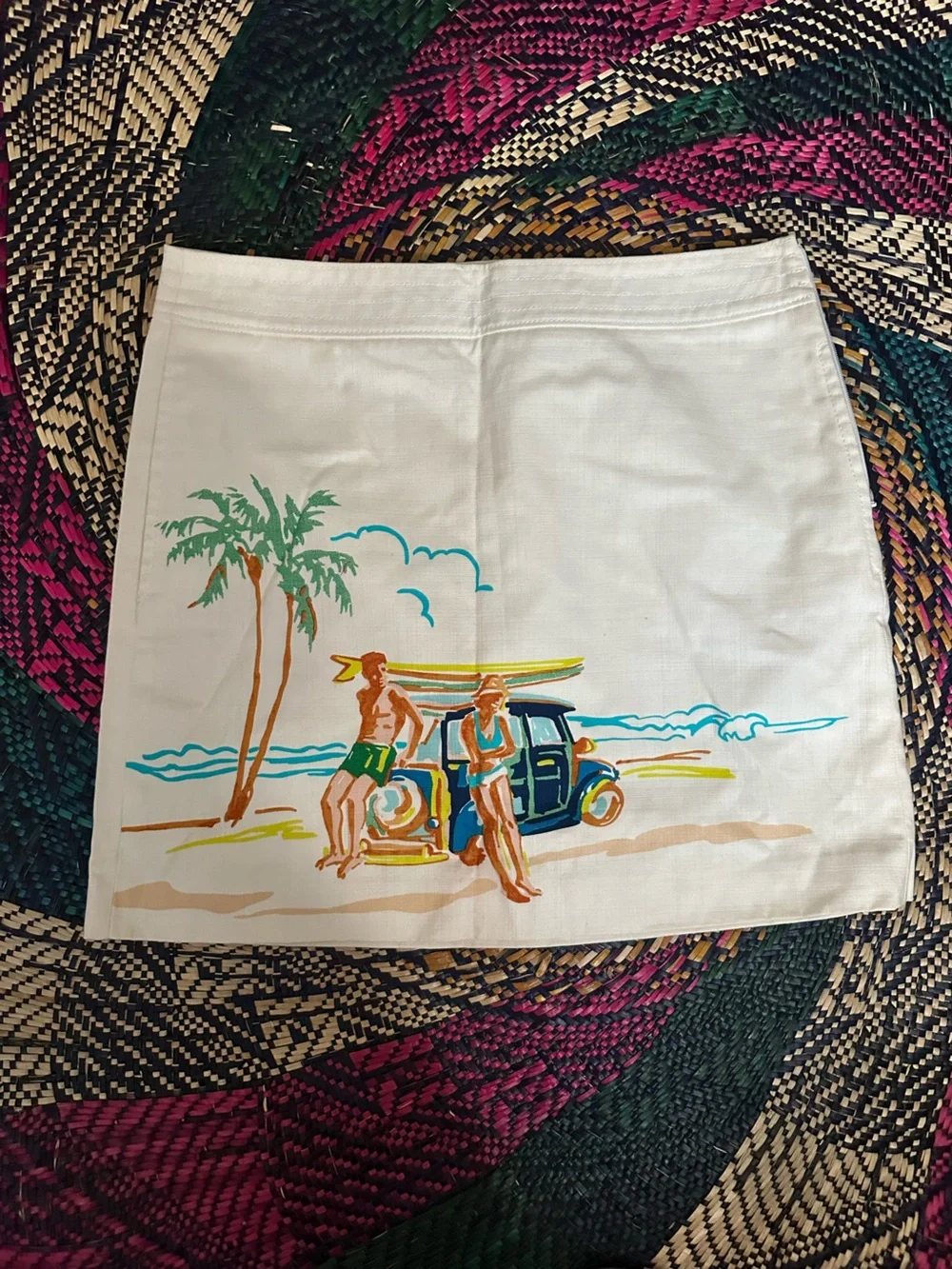 J. Crew White Linen Beach Swim Cover-Up with Colorful Surf Graphic
